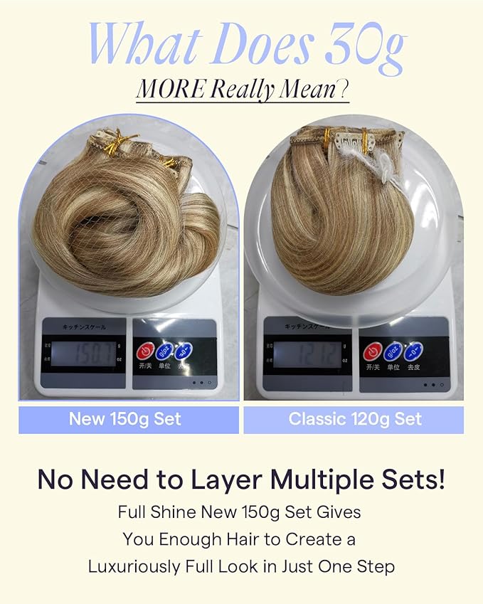Full Shine Human Hair Extensions Clip ins Blonde Human Hair Clip in Extensions Blonde Highlight Hair Extensions 7 Pcs Straight Hair 22 Inch 150 G
