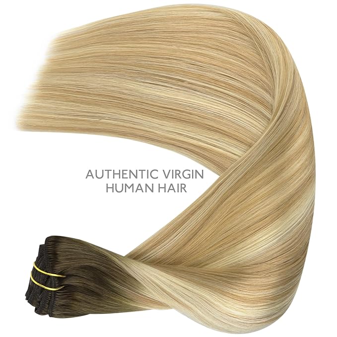 WENNALIFE Clip in Hair Extensions Real Human Hair, 16 Inch 120g 7pcs Human Hair Extensions Clip In Human Hair, Balayage Light Ash Brown to Light White Blonde Hair Extensions Clip In Real Hair Coloured