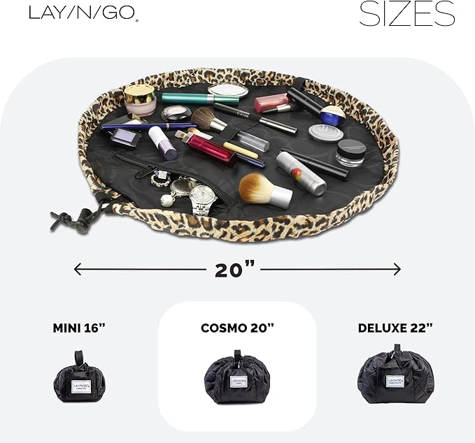 Lay-n-Go Cosmo Layflat Drawstring Cosmetic & Makeup Bag Organizer w/Zipper Pocket, Brush Loops & More, Cinch to Close, Lay Flat to Use, Durable, Machine Wash, Travel Toiletry Bag (22", Leopard)