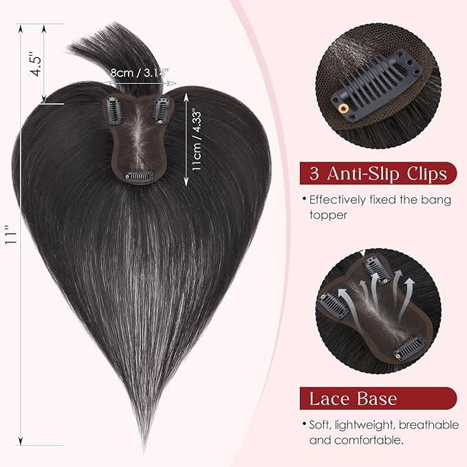 Human Hair Topper with Bangs for Women, 360° Cover Clip in Fringe Bangs Hair Toppers Hair Piece Natural Black-3.15x4.33 Hand-tied Base (Natural Black)