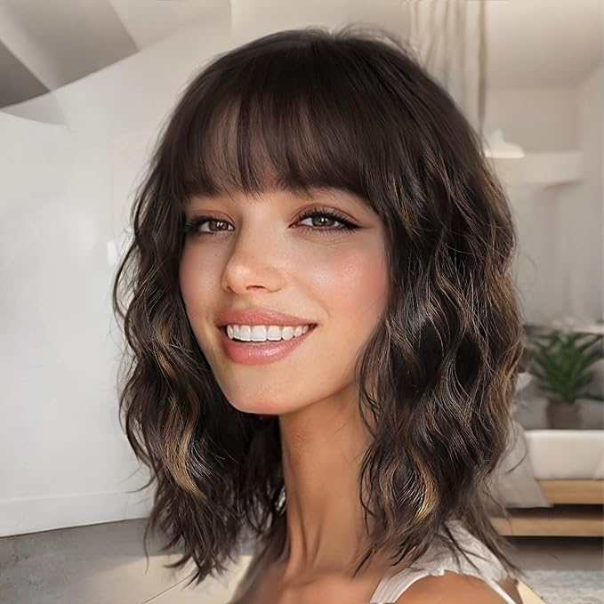 Nnzes Wig with Bangs for Women Shoulder Length Bob Wavy Women's Charming Synthetic Brown mixed Blonde Highlight Wigs with Natural Curly Heat Resistant Hair for Daily Party Use