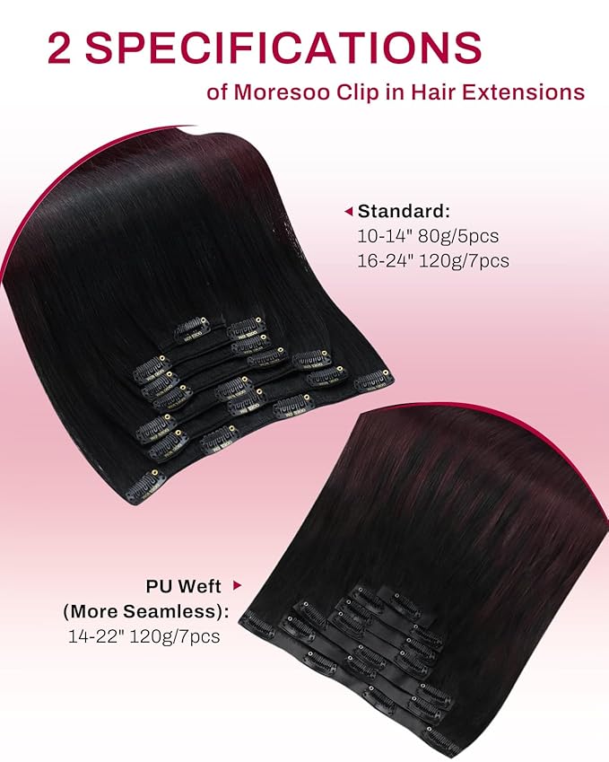 Moresoo Wine Red Hair Extensions Real Human Hair Clip ins Ombre Black to Burgundy Clip in Human Hair Extensions Short Balayage Black to Dark Red Double Weft for Women Straight 80g/5pcs 12 inch