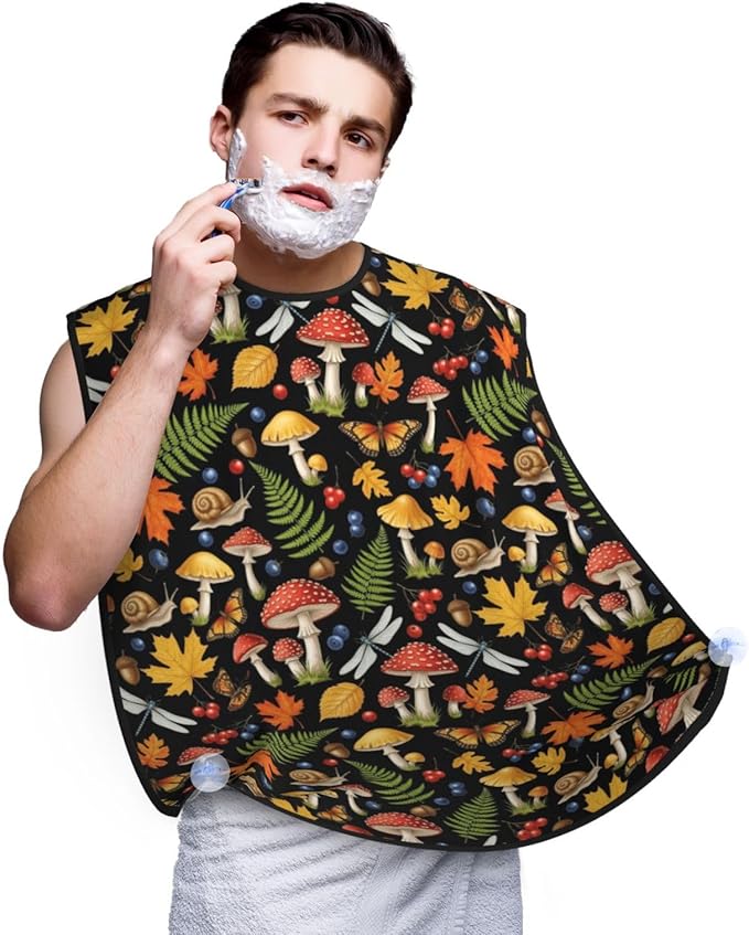 Non-Stick Beard Shaving Bib, Hair Catcher Apron with Suction Cups, Waterproof Grooming Tool for Men Husband, Fall Mushroom Leaves Shave Bib