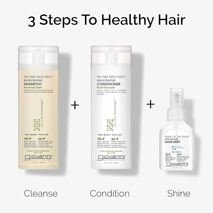 GIOVANNI Tea Tree Triple Treat Invigorating Shampoo - Cooling Peppermint, Eucalyptus & Rosemary, Helps Strengthen & Rejuvenate Hair & Scalp, Salon Quality, Paraben Free, Tea Tree Shampoo - 24 oz