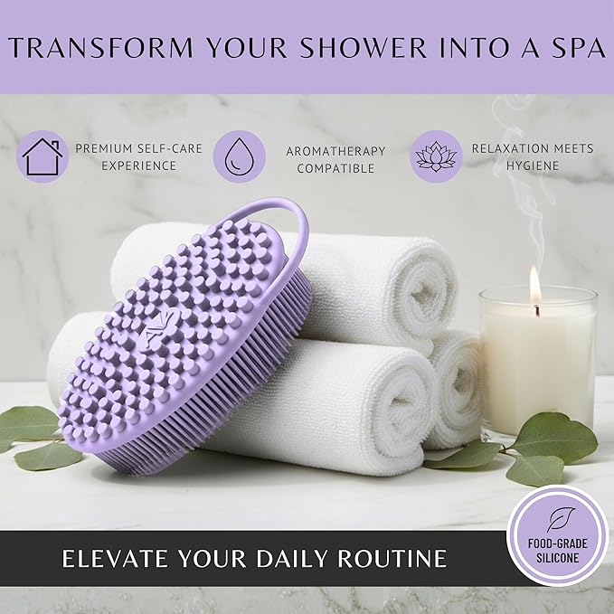 Silver Infused Silicone Body Scrubber Shower - Gentle Back Scrubber Soft Bristles - Avilana Premium Dual Sided Bath Brush Massage - Advanced Material Loofah Alternative - Gift Women Men