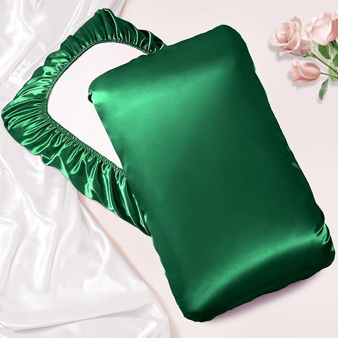 Manyshofu Satin Pillowcases for Hair Protection - 1Pcs Green Pillow Cases, Elastic Band Standard & Queen Satin Pillowcases Luxury Silky Pillow Cases Travel Pillow Covers