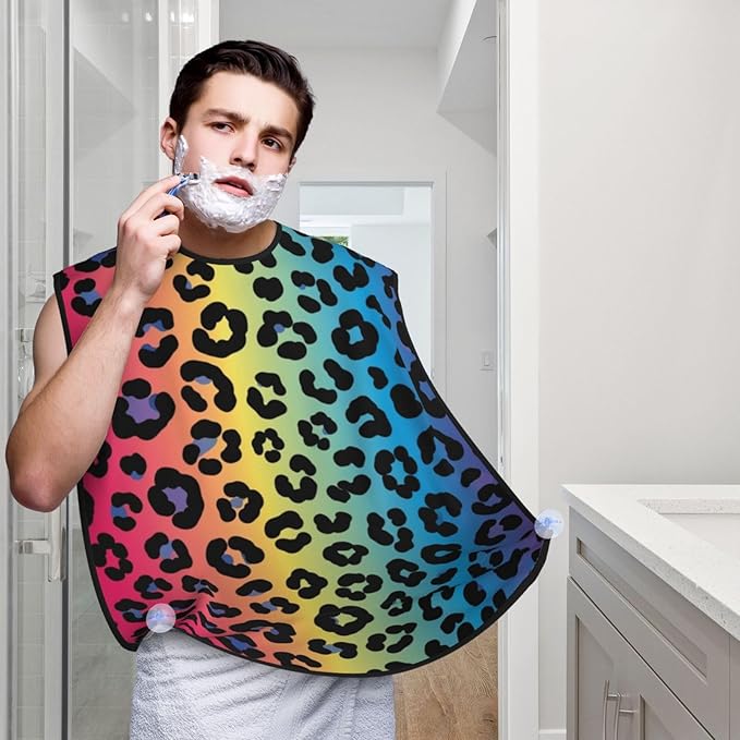 Beard Trimming Catcher Apron, Waterproof Non-Stick Grooming Bib for Shaving, Ideal for Men Dad Father’s Day, Rainbow Cheetah Skin Leopard Print Shave Bib