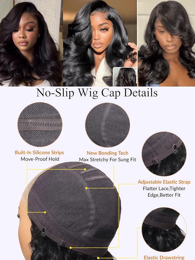 Julia Hair Bye Bye Slip Wig Feathered Layer Side Part Human Hair Wig 200% Density 7X5 Pre Cut Lace Closure Loose Body Wave Wigs Pre Everything Glueless with Secure Silicone Strips Drawstring 14 Inch