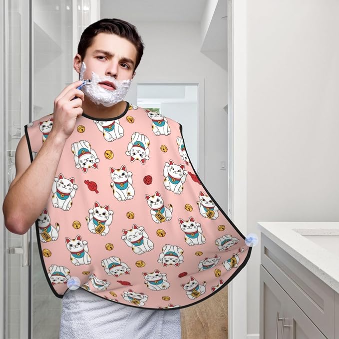 Beard Bib Apron for Men Shaving, Waterproof Non-Stick Hair Catcher with Suction Cups, Grooming Essential for Dad Husband, Japanese Cute Lucky Cat Pink Shave Bib