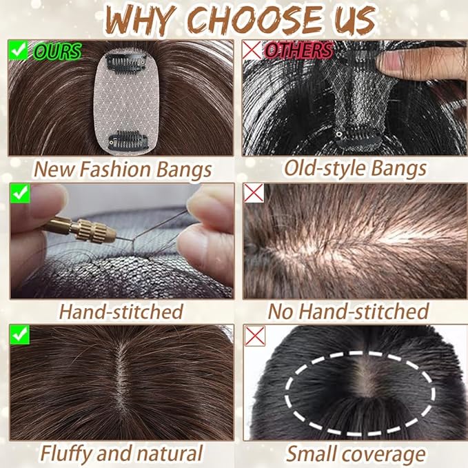 Amchoice Hair Toppers for Women Real Human Hair, Bangs Hair Clip 360° 3D Cover Bangs, Human Hair Toppers for Women Daily(Medium Brown, 3D Side Bangss (5 * 9))