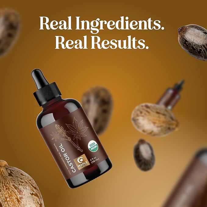 Organic Castor Oil Glass Bottle - 100% Pure Castor Oil Organic Cold Pressed Unrefined Glass Bottle - Extra Virgin Non GMO Hexane Free Cruelty Free Dermatologist Tested and USDA Certified (4 Fl Oz)