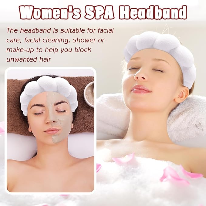 Zkptops Spa Headband for Washing Face Wristband Sponge Makeup Skincare Headband Bubble Soft Terry Cloth Hairband Christmas Birthday Gift for Women Girls Fashion Puffy Non Slip Thick Headwear (White)