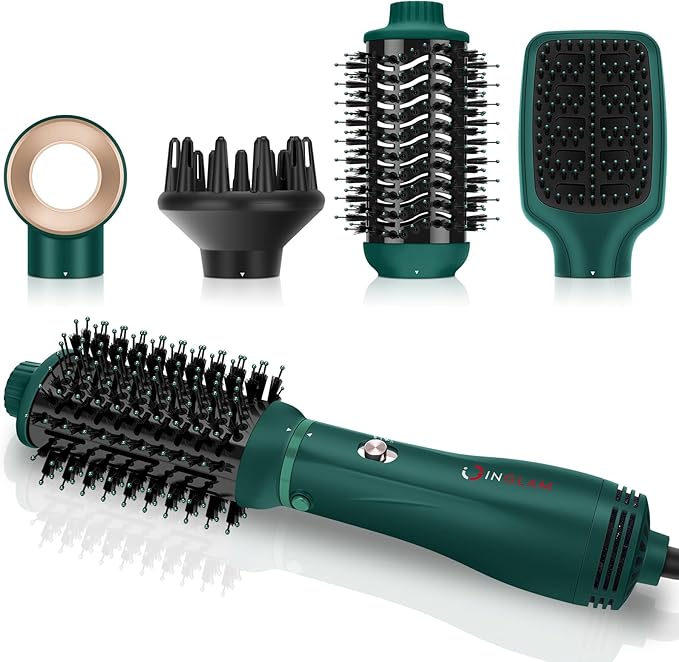 IG INGLAM Hair Dryer Brush, 4-in-1 Detachable Blow Dryer Brush, Ionic Diffuser Hair Dryer & Styler Volumizer with Oval Titanium Barrel, One-Step Hot Air Blowout Styler, Dark Green