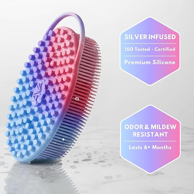 Silver Infused Silicone Body Scrubber Shower - Gentle Back Scrubber Soft Bristles - Avilana Premium Dual Sided Bath Brush Massage - Advanced Material Loofah Alternative - Gift Women Men