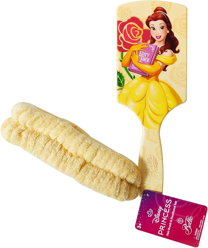 LUV HER Kids Hair Brush & Spa Headband Set for Girls - Features Disney Bella from Beauty & Beast - Fun Grooming Kit for Detangling, Styling & Skincare - Soft & Stretchy One Size, Ages 3+