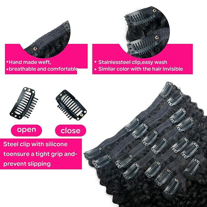 Curly Clip in Hair Extensions for Black Women Brazilian Virgin Human Hair Clip in Extensions Kinky Curly Clip ins Human Hair 8Pcs 120g 16inch Natural Black