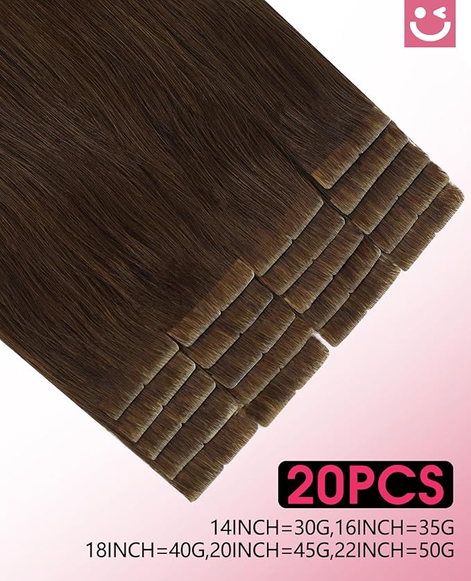 Youngsmile Insert Tape in Hair Extensions Injection Human Hair Extensions #4 Chocolate Brown Invisi Edge Tape ins Remy Human Hair 20 Inch Injected Hair Tape in Extensions 20pcs 45g Straight (#4,20'')