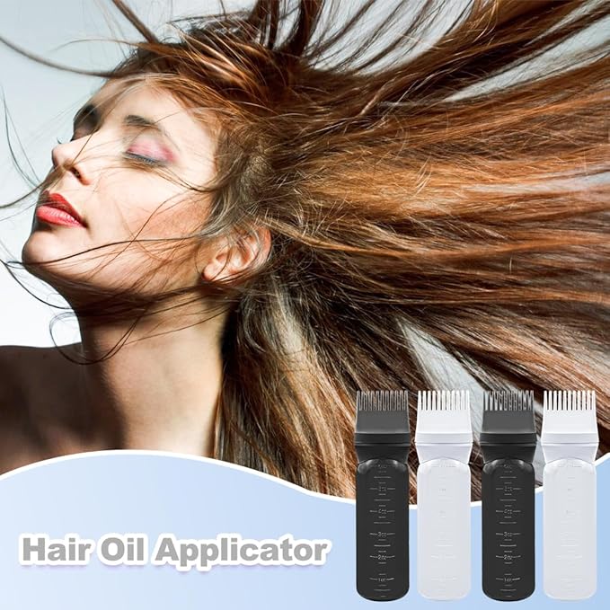 ELANE 4 Pcs Root Comb Applicator Bottle, 6oz, Hair Oil Applicator Bottle for Hair, Salon, Home, Travel (Black+White)