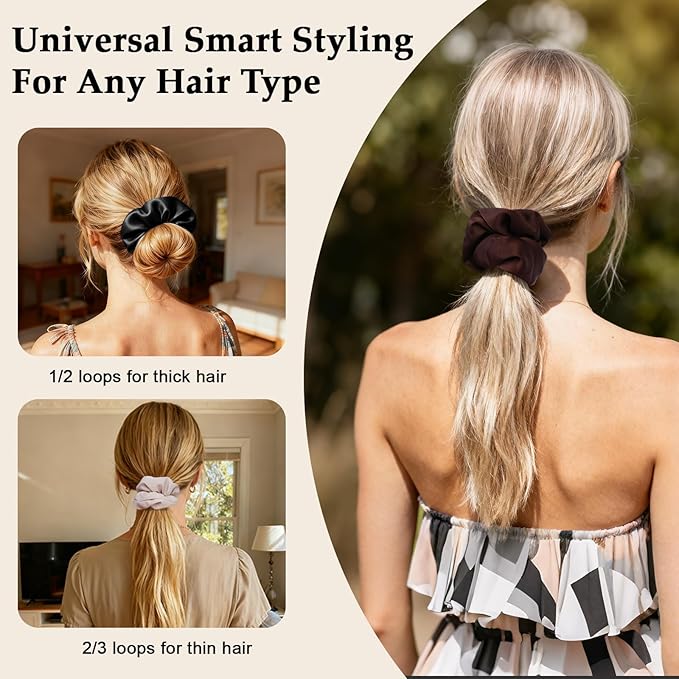 Satin Scrunchies for Women – 8PCS Neutral Silk Hair Ties Set (Black, Blonde, Dark Brown, Light Brown) – No Crease, Frizz-Free, Gentle Elastic Hair Bands, Soft & Stylish Everyday Hair Accessories Gifts