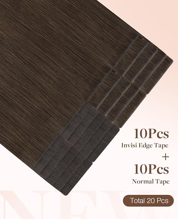 GOO GOO Invisi Edge Tape in Hair Extensions Human Hair, 2A Light Brown 10pcs injected with 10pcs classical tape ins, 16inch 50g, Virgin Remy Hair, Natural Look