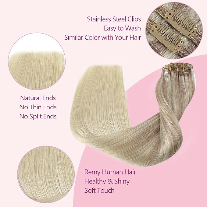 PINKPEARL Clip in Hair Extensions Straight Human Hair #18/22/60 Balayage Ash Blonde to Golden Blonde and Platinum Blonde 7pcs 120g 18 Inch Real Hair Clip in Extensions(#18/22/60-18)