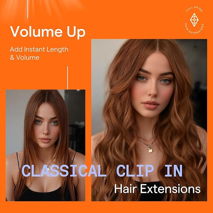 Full Shine Auburn Clip in Hair Extensions 14 Inch Auburn Human Hair Clip in Extensions for Short Thin Hair for Regrowth 7 Pcs 120 G