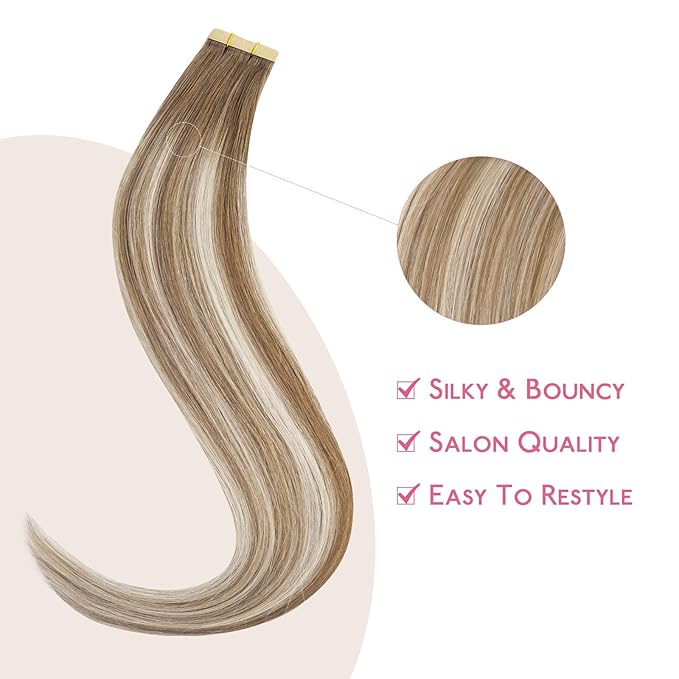 WENNALIFE Tape in Hair Extensions Human Hair Balayage Dirty Blonde with Platinum Ends Tape in Extensions, 10pcs 20g 10 inch Remy Invisible Tape Ins Straight Colored Soft Refill Set