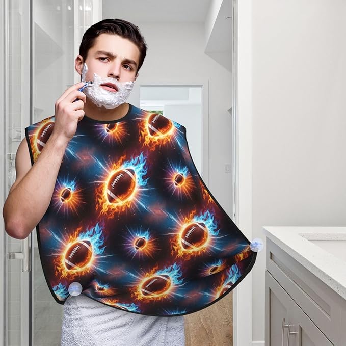 Professional Beard Bib, Non-Stick Hair Catcher Apron Waterproof, Shaving Grooming Essential for Men Dad, Space Ice and Fire American Football Shave Bib