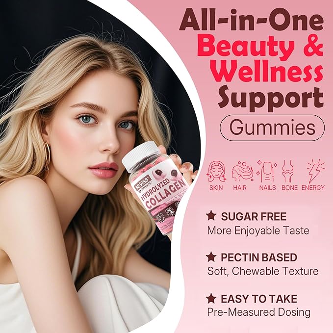 Hydrolyzed Collagen Peptides Gummies for Women & Men, Multi Collagen Type I,II,III,V,X w/ 5000IU Vitamin D3 & Biotin Keratin Hair Vitamin Gummies, Marine Collagen Supplement Gummy - Sugar Free, 60ct