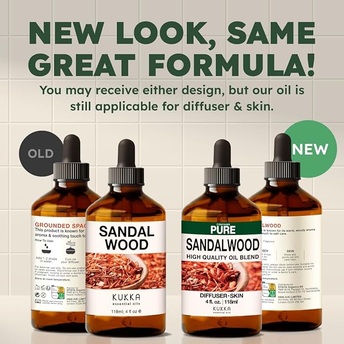 KUKKA Sandalwood Essential Oils - 4 Fl Oz - for Hair, Skin, Diffuser, Aromatherapy & DIY Soap Making Scent