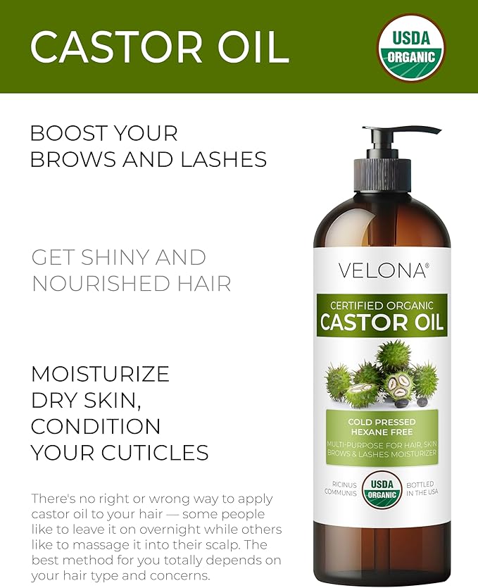 velona USDA Certified Organic Castor Oil - 16 fl oz (With Pump) | For Hair Growth, Boost Eyelashes, Eyebrows | Cold pressed, Natural Oil, USP Grade | Hexane Free, Lash Serum, Caster