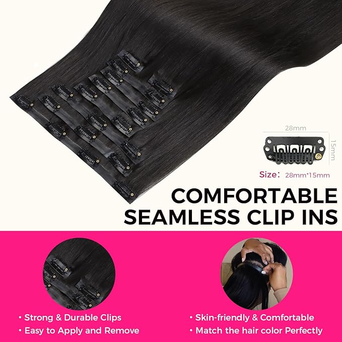 Lashey 150g 9pcs Hair Extensions Real Human Hair 22 Inch Natural Black Light Yaki Straight Seamless Clip in Human Hair Extensions with Soft Invisi Edge