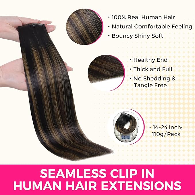 Lashey Straight Seamless Clip in Hair Extensions Human Hair 110g 7pcs 22 Inch Long Natural Black Mixed Chestnut Brown PU Weft Clip in Hair Extensions for Black Women
