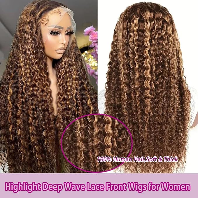 32inch Highlight Curly Lace Front Wigs Human Hair 13x6 Ombre Deep Wave Lace Front Wig Human Hair Pre Plucked P4/27 210% Density HD Lace Frontal Curly Human Hair Wig for Women