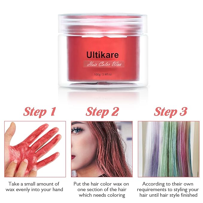 Temporary Hair Color for Kids, Ultikare Red Hair Dye Washable Natural Hair Wax Color Chalk Mud Cream DIY Hairstyle Clay For Dark Hair Halloween, Cosplay, Party, Christmas Gift Girls 3.4 Fl Oz