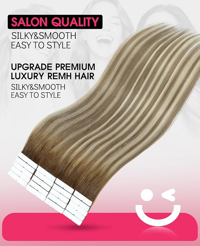 Youngsmile Invisible Tape in Hair Extensions Human Hair 20pcs 35g Balayage #3/8/22 Walnut Brown to Ash Brown and Golden Blonde 20 Inch Injection tape Hair Extensions Remy Human Hair (#3/8/22,16'')