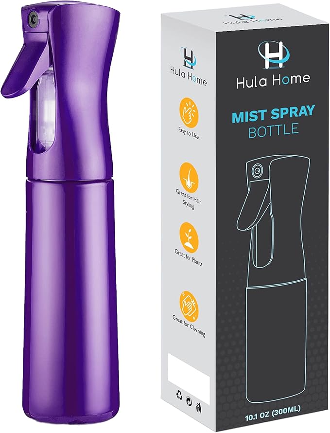 Hula Home Continuous Spray Bottle for Hair (10.1oz/300ml) Empty Ultra Fine Plastic Water Mist Sprayer – For Hairstyling, Cleaning, Salons, Plants, Essential Oil Scents & More - Purple