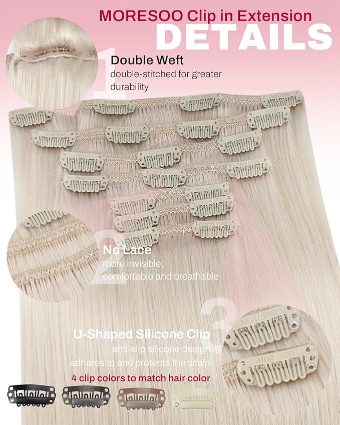 Moresoo Blonde Clip in Hair Extensions for Women Remy Double Weft Clip in Human Hair Extensions Platinum Blonde Full Head Set 7pcs/150g 24inch