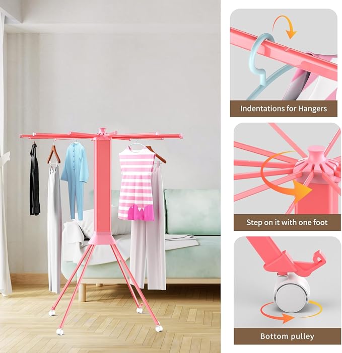 Clothes Drying Rack Foldable & Collapsible Drying Racks with 4-Leg Octopus Design, Large Capacity Space Saving Indoor Drying Rack for Bedroom,Balcony,Laundry for Indoor/Outdoor Use（Pink）