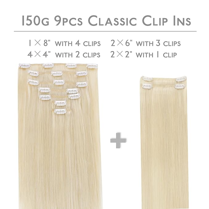 Wennalife Clip in Human Hair Extensions, 18 Inch 150g 9pcs Clip in Hair Extensions Real Human Hair, Platinum Blonde Human Hair Clip in Extensions Remy Human Hair Extensions Clip Ins Double Weft