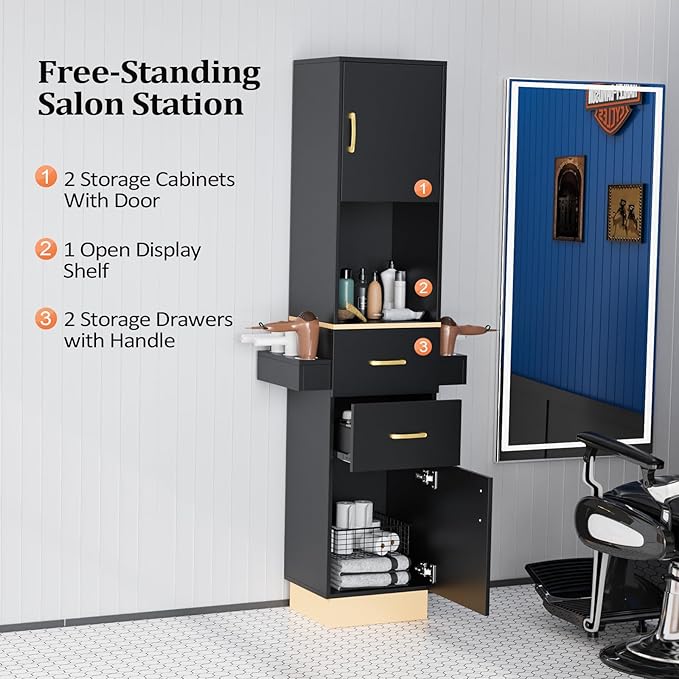 Salon Stations for Hair Stylist, Barber Station Hair Salon Station, Beauty Salon Spa Equipment with 2 Drawers, 2 Storage Cabinet, 6 Hair Dryer Holders for Hair Styling, Black Gold