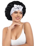 AWAYTR Silk Bonnet for Sleeping Women 100% Mulberry Silk Bonnet with Band 2 Layer Reversible Hair Bonnet Sleeping Hair Wrap (Black/Silver Grey)