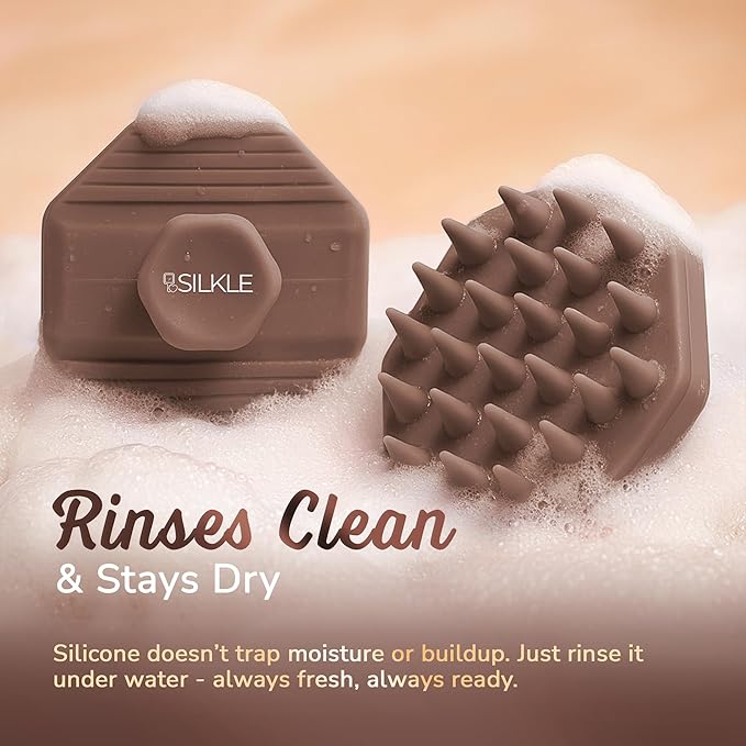 Silicone Scalp Scrubber - Massage Shampoo Brush, Soft Bristles for Hair Growth & Dandruff Removal - Ergonomic Design, Wet & Dry Use, Deep Cleansing Scalp Exfoliator for All Hair Types - Brown