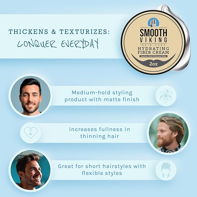Smooth Viking Hydrating Fiber Cream for Men - Hair Gel with Flexible Styling, 2oz - Improves Hair Health, Natural Scent, Minimal Shine, Dairy-Free - Hair Fiber for Damaged & Thinning Hair