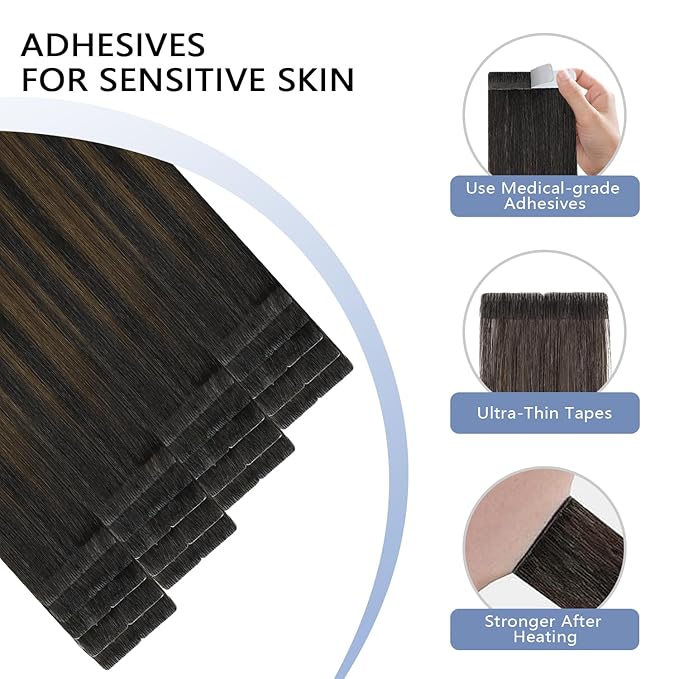 COOKAYU Invisi Edge Tape in Hair Extensions Real Human Hair Seamless Injected Tape Ins 20Inch 20pcs 45g Natural Black to Medium Brown and Caramel blonde Extensions