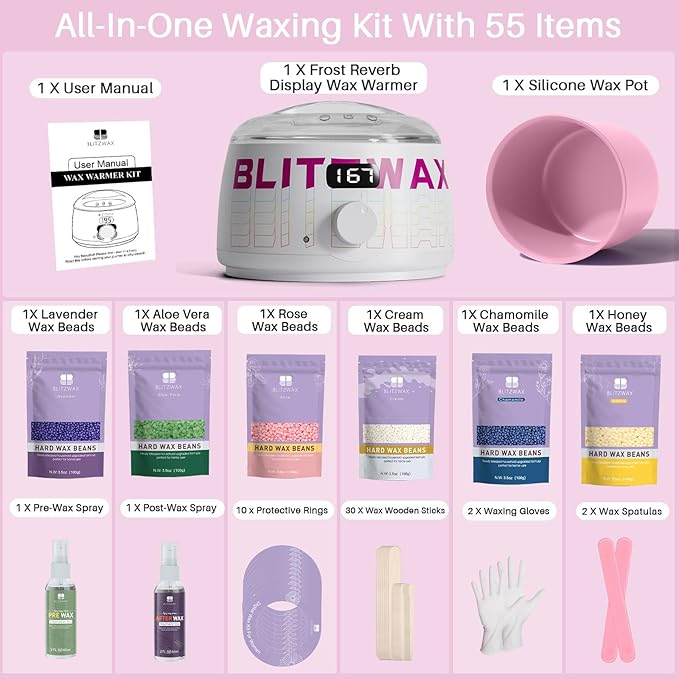 BLITZWAX Brazilian and Bikini Waxing Kit for Women, Hard Wax Warmer for Face, Legs, and Body, At Home Hair Removal Kit, Beginner Friendly, Quick Heating, Frost Reverb Digital Wax Pot