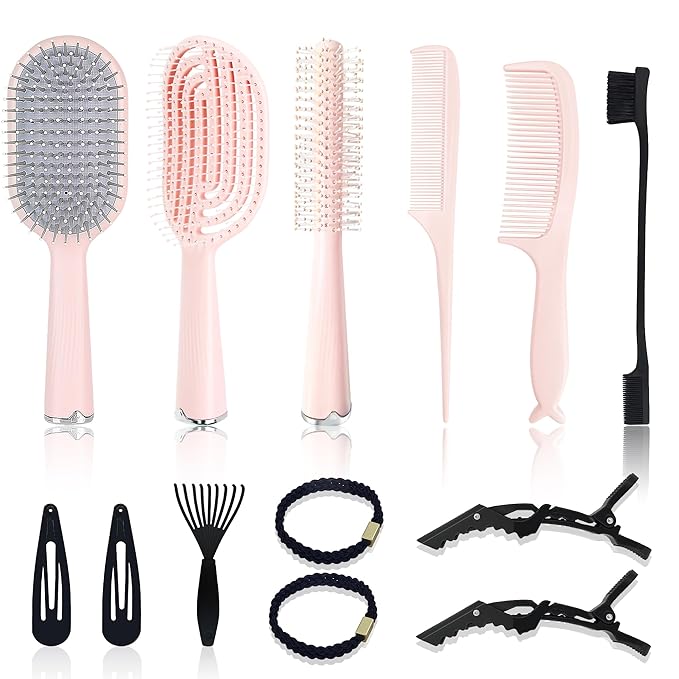 Hair Brush Set, Professional Styling Tools with Combs and Accessories, Pink, Gift Box Included (Pink Brush+Pink Comb)