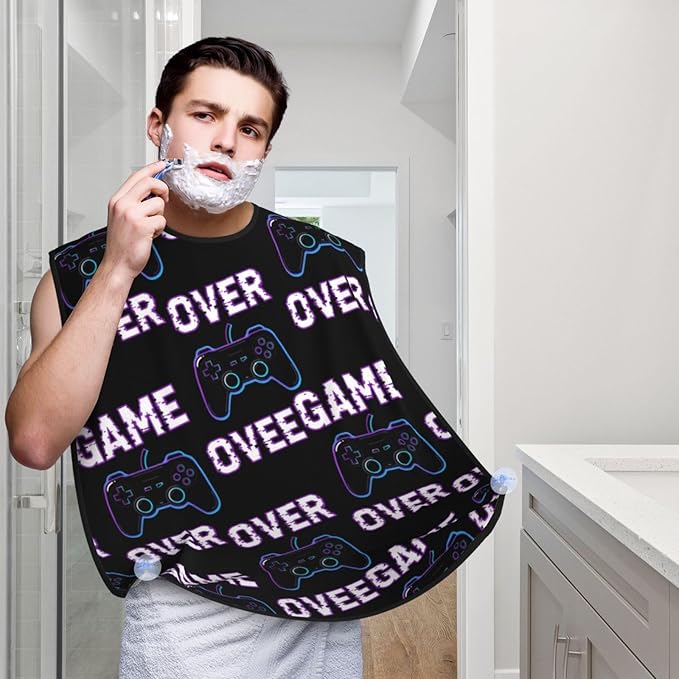 No-Slip Shaving Bib, Beard Grooming Apron with Strong Suction Cups, Video Gamers Joystick Game Over