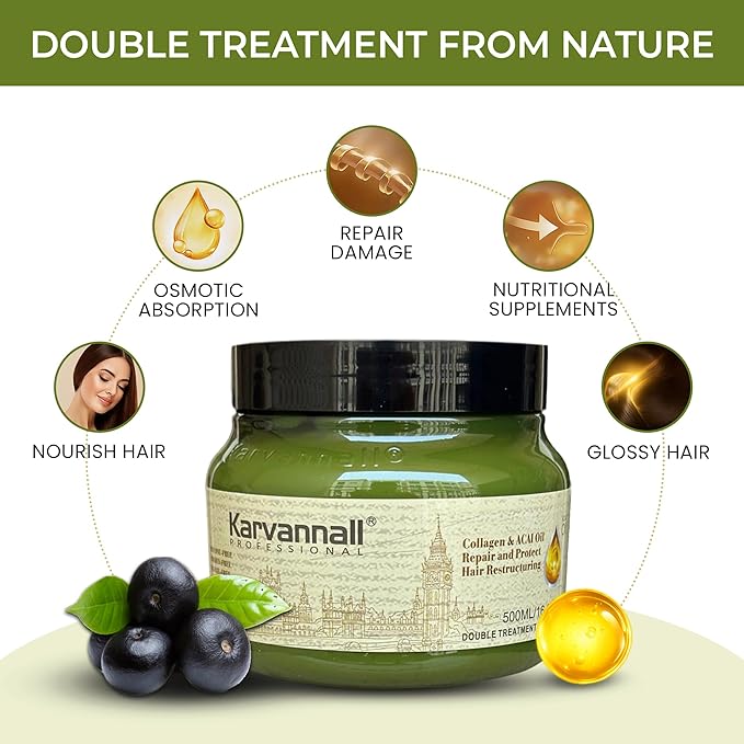 Double Treatment Collagen Hair Mask with Acai Oil, Damage Repair Hair Treatment Cream for Dry, Damaged & Color-Treated Hair, Sulfate & Paraben-Free, Suitable For All Hair Types, 16.9 fl oz / 500 ml
