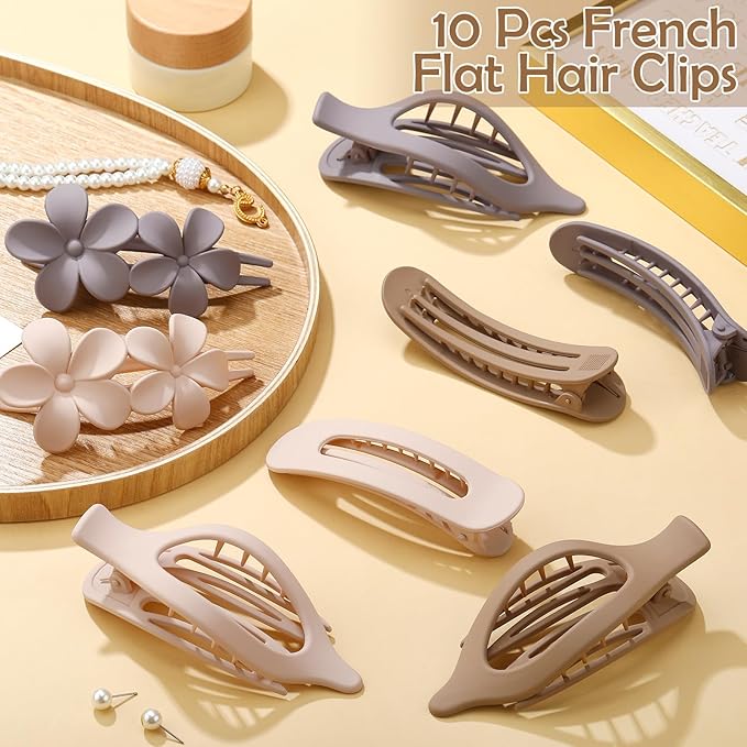 10 Pcs French Flat Hair Clips for Women, 3 Styles Lay Flat Claw Clips Non-slip Matte Hair Claws for Thin Thick Hair